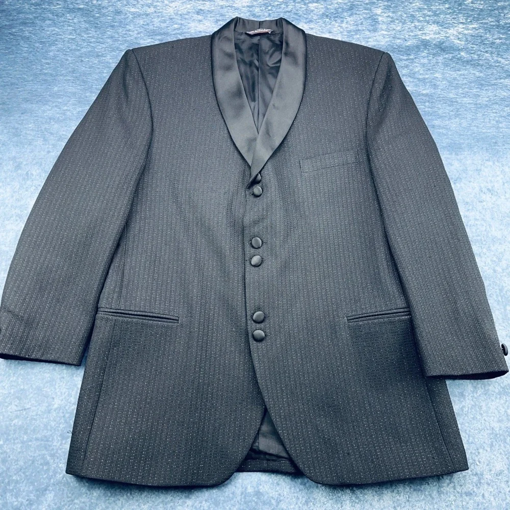 Tailored‎ by Bonacci Mens Black Textured Pinstripe Tuxedo Suit Shawl Lapel USA